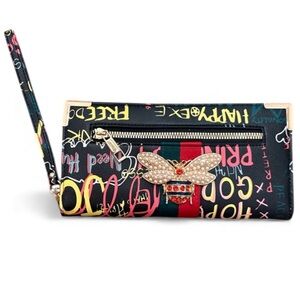 Alba Queen Bee Red Green Stripe Black Vegan Graffiti Print Wallet